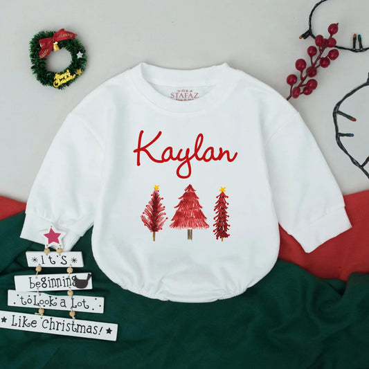 Retro Christmas Tree Bodysuit Custom Name Baby's First Christmas Outfit Toddler Girl Boy Romper Festive Holiday Gift