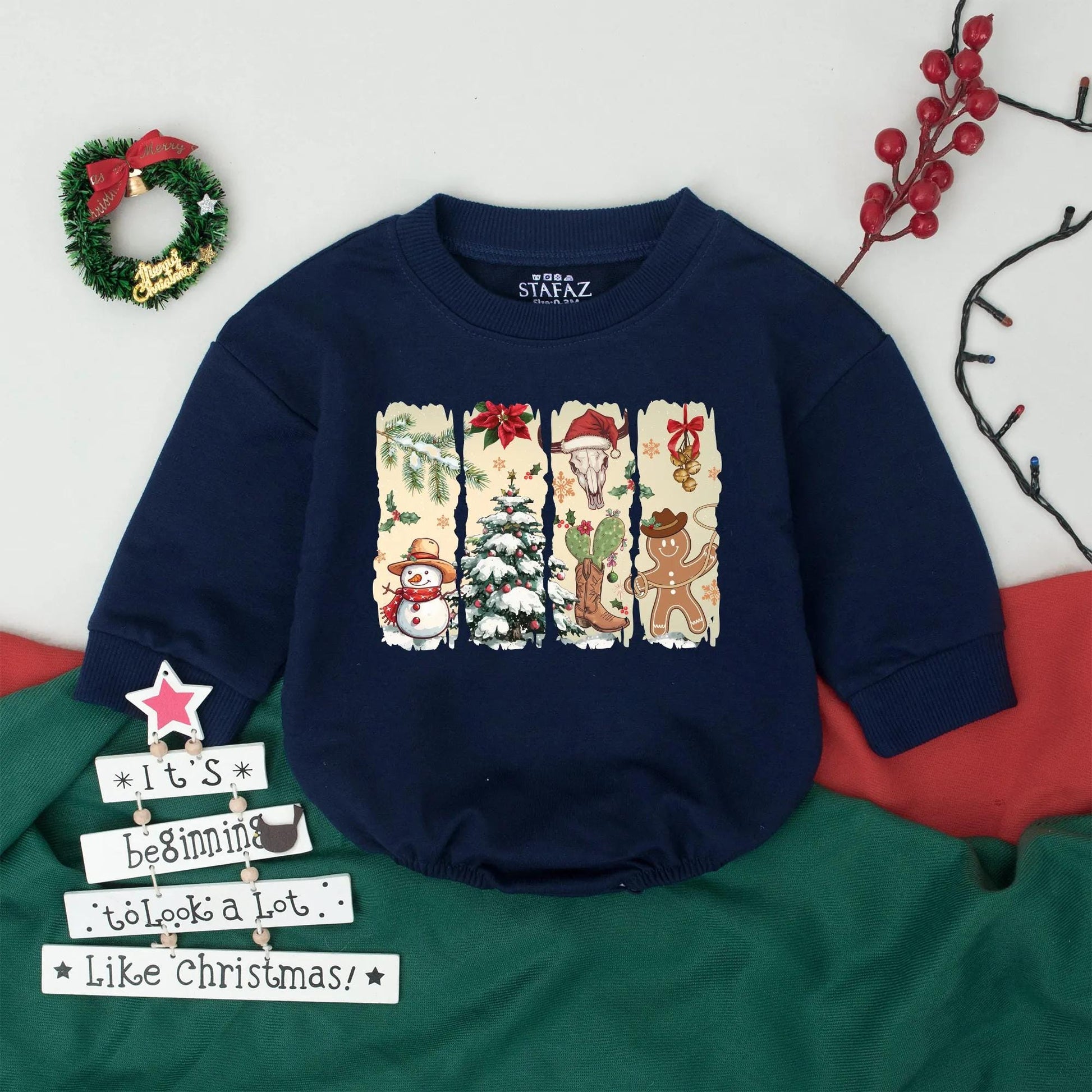 Howdy Christmas Baby Romper, Cowboy Holiday First Christmas Outfit, Western Steer & Cactus Cartoon Bodysuit,  Rustic Toddler Gift,  Playful Xmas Apparel (139)