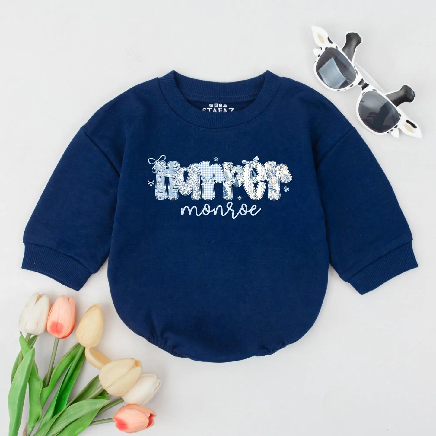 Personalized Preppy Christmas Romper Blue Hamper Name Snowflakes Baby's First Winter Bodysuit 1st Xmas Gift Monogrammed Toddler Outfit