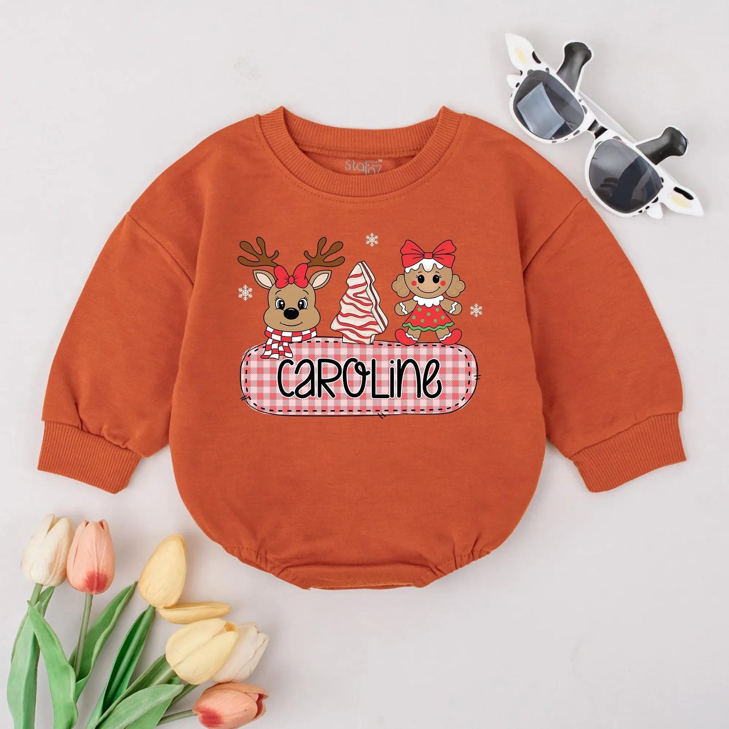 Caroline's Christmas Reindeer Romper, Baby Girl Custom Name Gingerbread Bodysuit, Infant Xmas Gift, Toddler Clothes