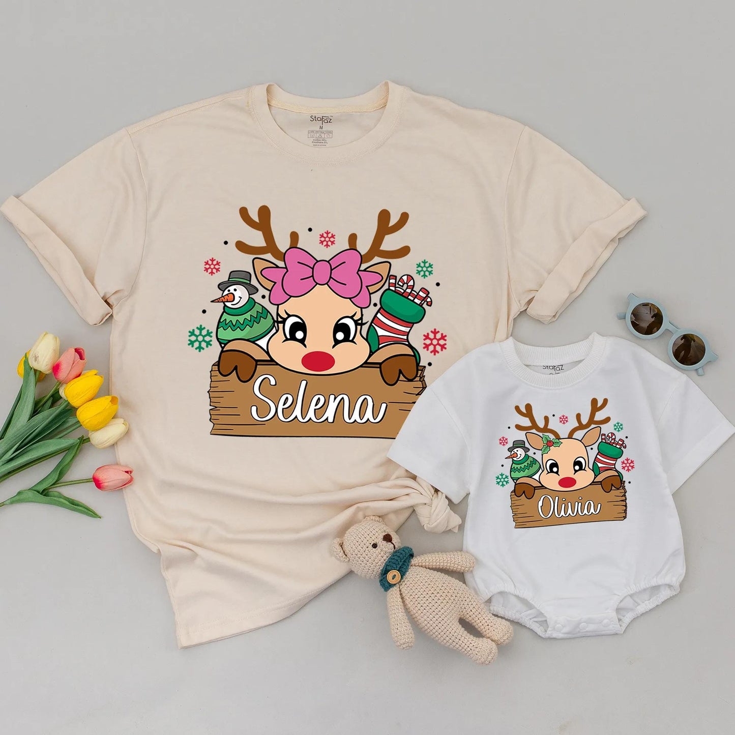 Personalized Cute Reindeer Family Christmas Shirt with Custom Name, Festive Snowman and Candy Stocking Holiday Tee with Red Green Snowflakes