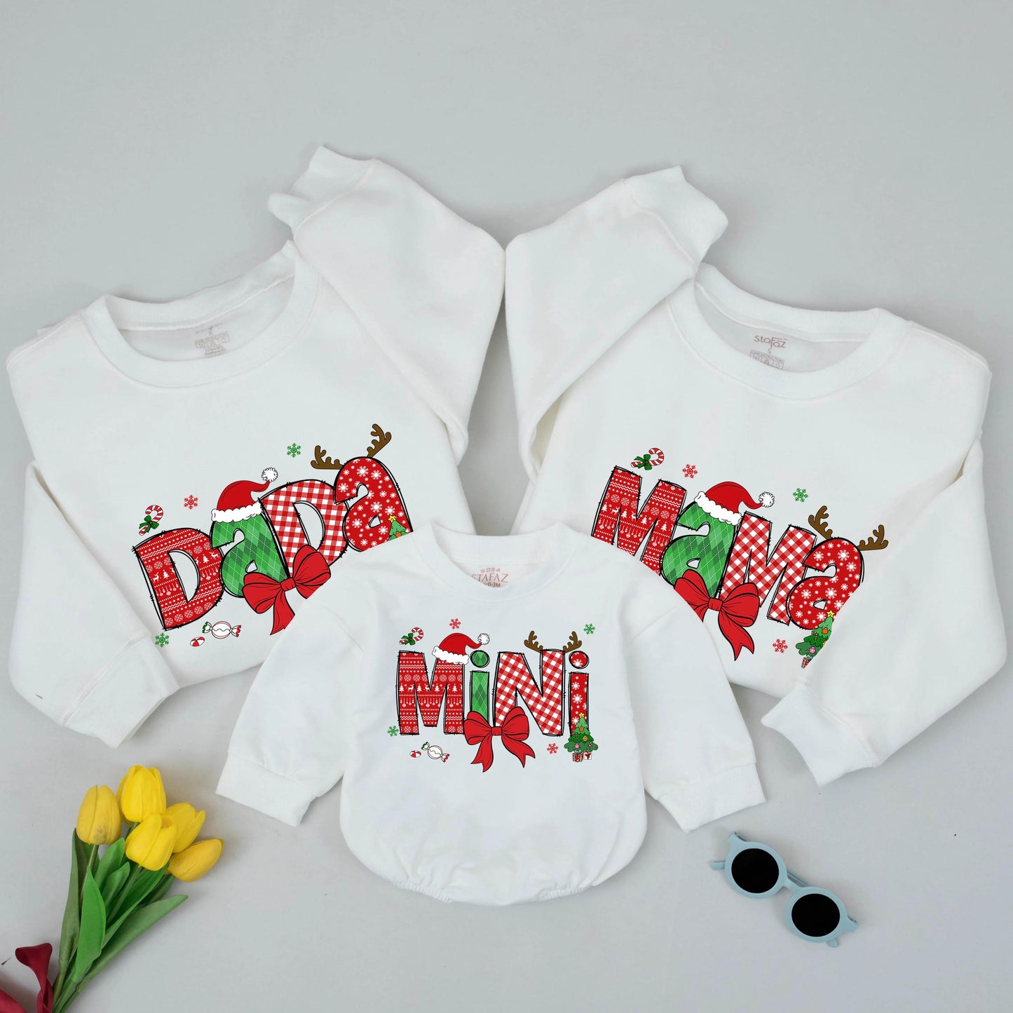 Festive Matching Family Christmas Sweatshirts with Santa Hat & Plaid Designs for Mom Dad Baby Cozy Xmas Gift