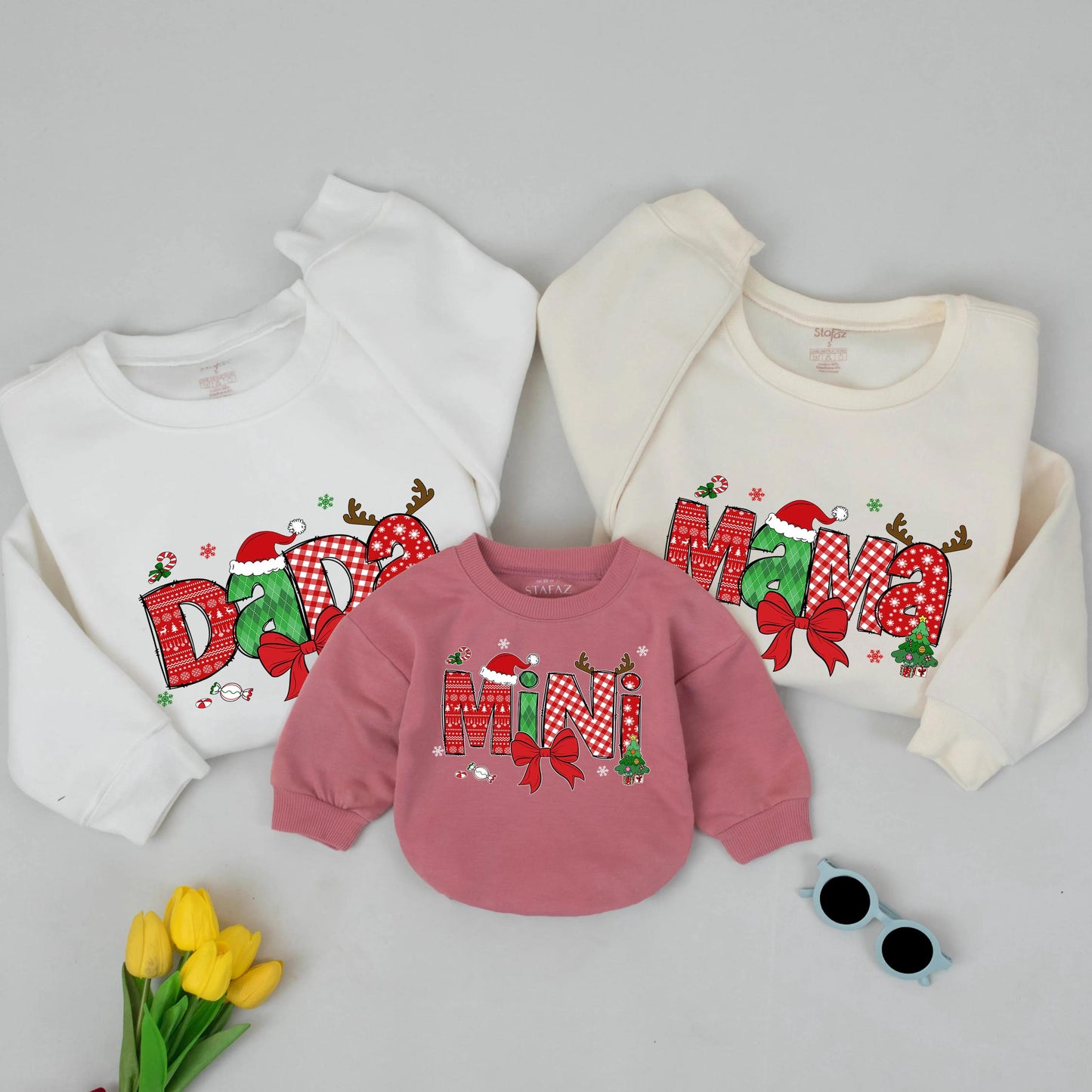 Festive Matching Family Christmas Sweatshirts with Santa Hat & Plaid Designs for Mom Dad Baby Cozy Xmas Gift