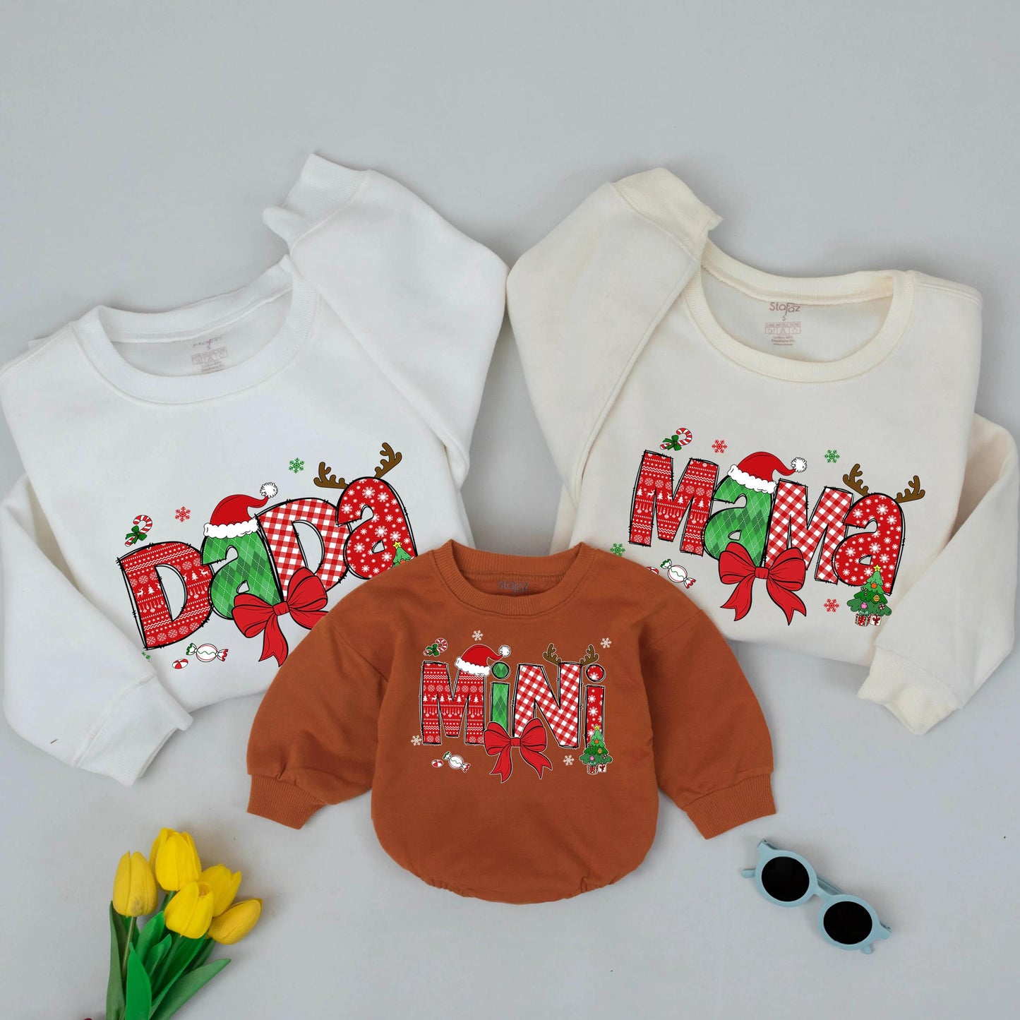 Festive Matching Family Christmas Sweatshirts with Santa Hat & Plaid Designs for Mom Dad Baby Cozy Xmas Gift