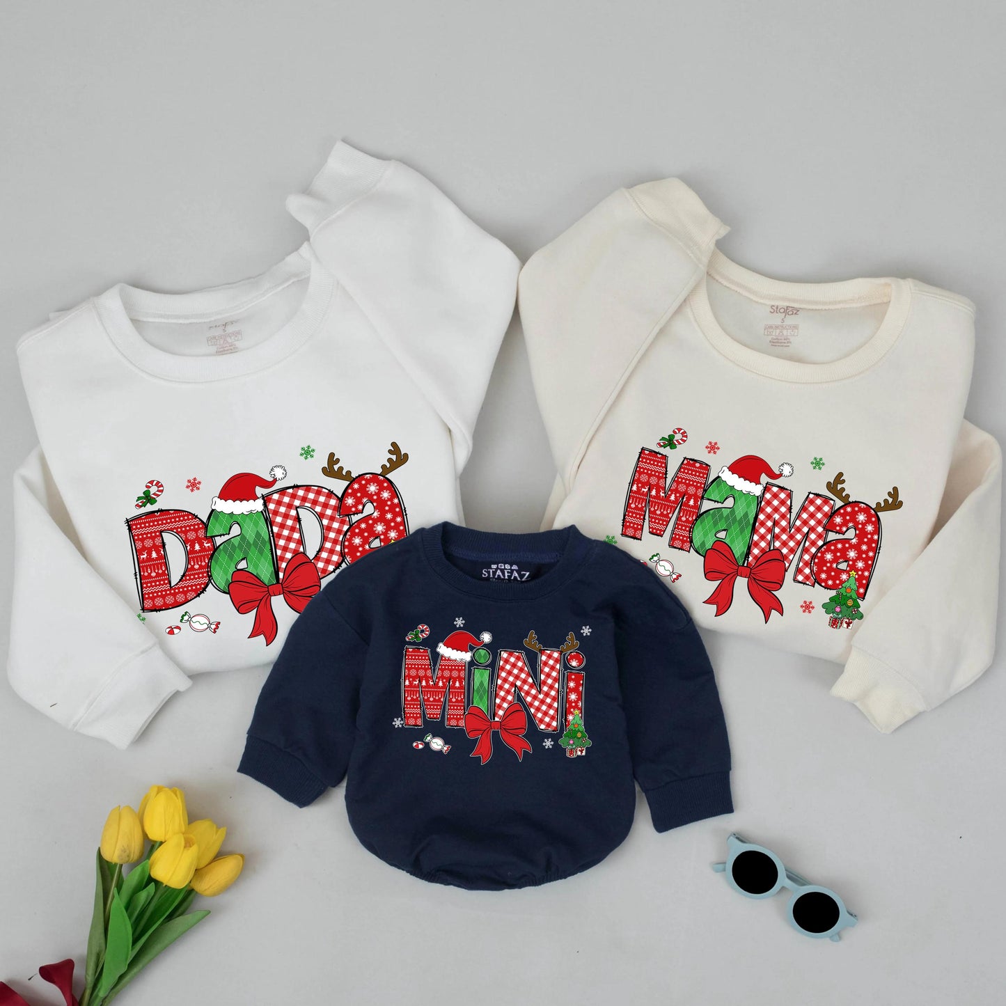 Festive Matching Family Christmas Sweatshirts with Santa Hat & Plaid Designs for Mom Dad Baby Cozy Xmas Gift