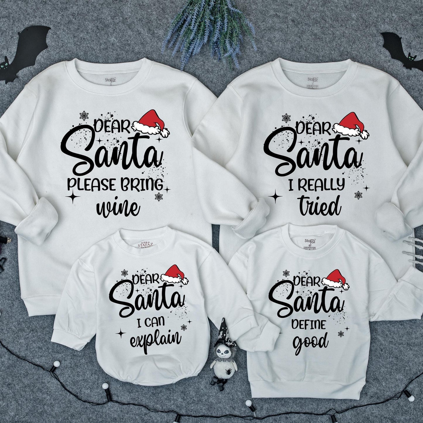 Funny Matching Family Dear Santa Christmas Sweatshirts with playful holiday quotes and festive Santa hat designs for cozy gatherings