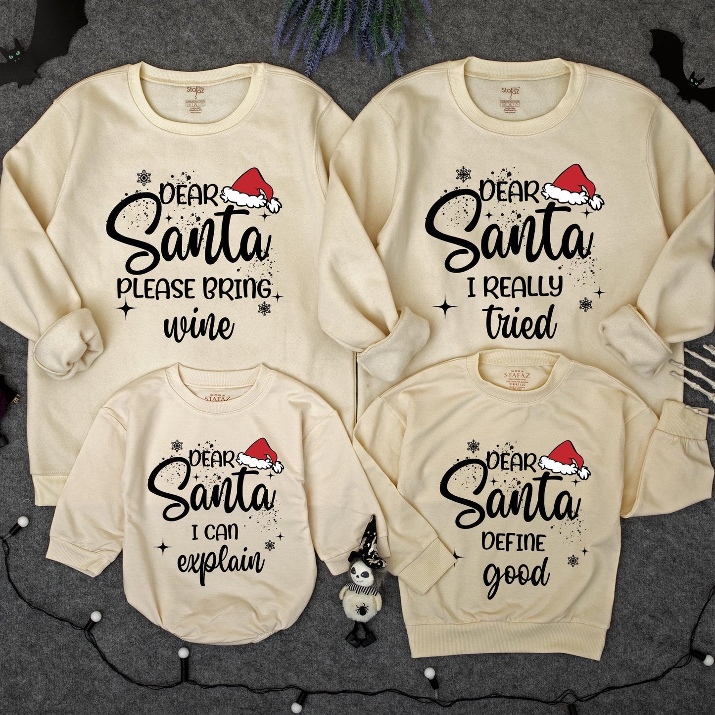 Funny Matching Family Dear Santa Christmas Sweatshirts with playful holiday quotes and festive Santa hat designs for cozy gatherings