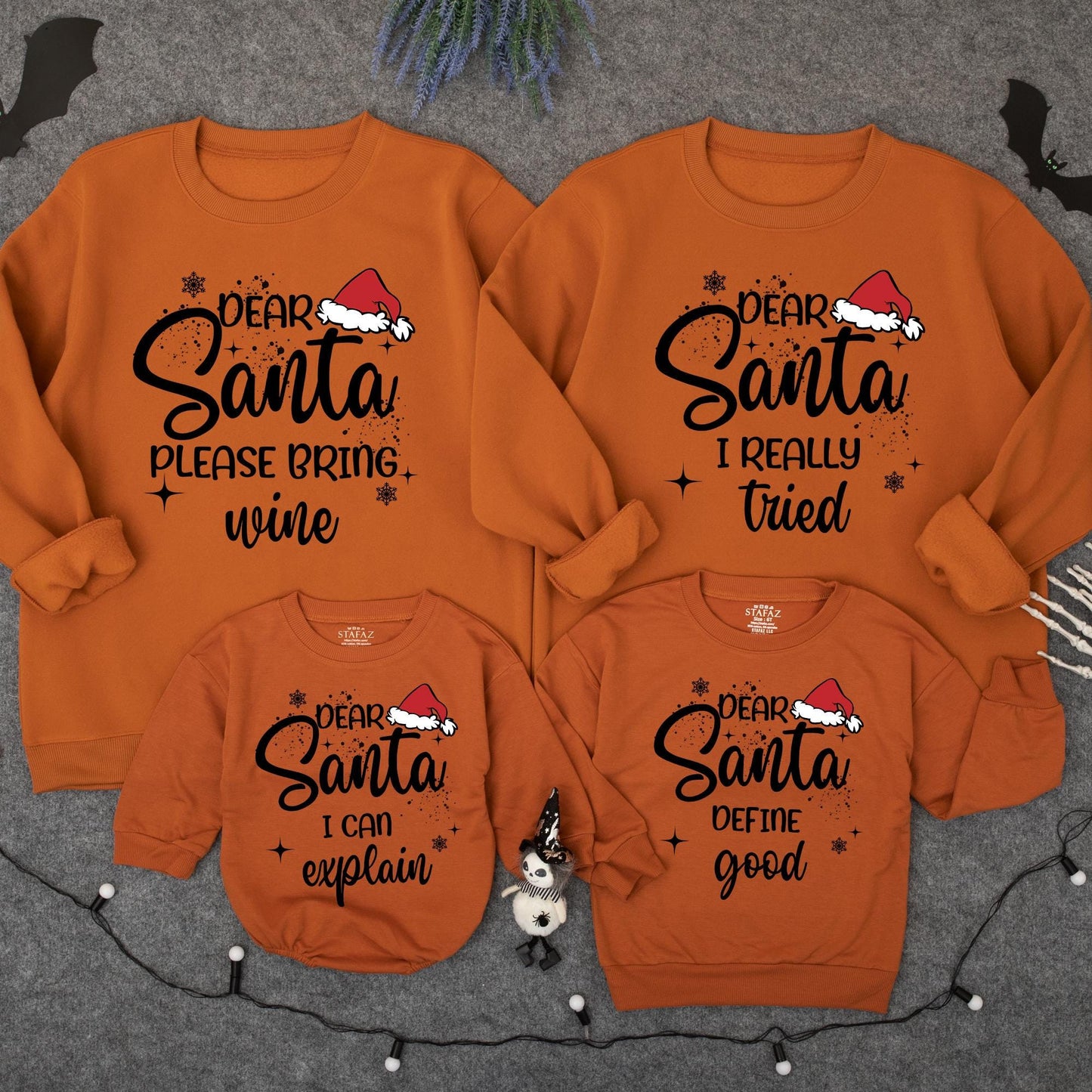 Funny Matching Family Dear Santa Christmas Sweatshirts with playful holiday quotes and festive Santa hat designs for cozy gatherings