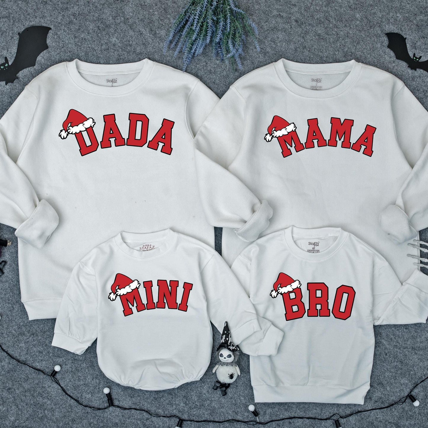 Festive Matching Family Christmas Sweatshirts featuring Dada Mama Mini Bro Santa Hat Designs Holiday Pajama Tops for Kids Baby Adults Cozy