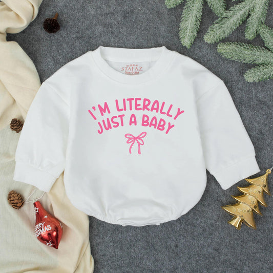 I'm Literally Just a Baby Bubble Romper Funny Gender Neutral Infant Outfit Cute Pink Ribbon Design Minimalist Newborn Clothes Gift