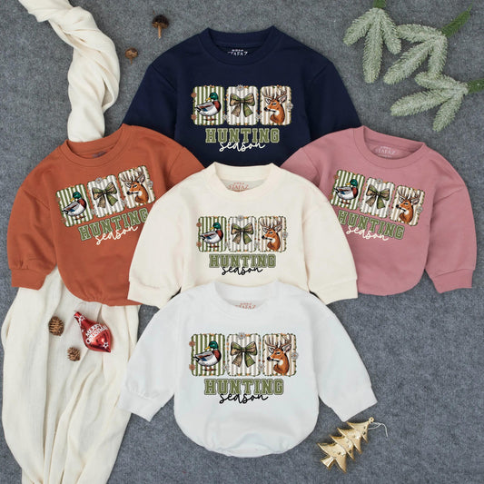 Hunting Season Romper: Camo Bow & Duck, Deer Cartoon Design for Baby Girl, Toddler Fall Outfit Clothes, Hunting Buddy Style, Outdoor Adventure Cute! (139)