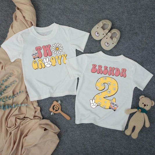 Two Groovy 2nd Birthday Girl T-Shirt, Personalized Daisy Retro Outfit, Custom Name, Vintage Vans Peace Signs, Summer Toddler Tee (138 chars)