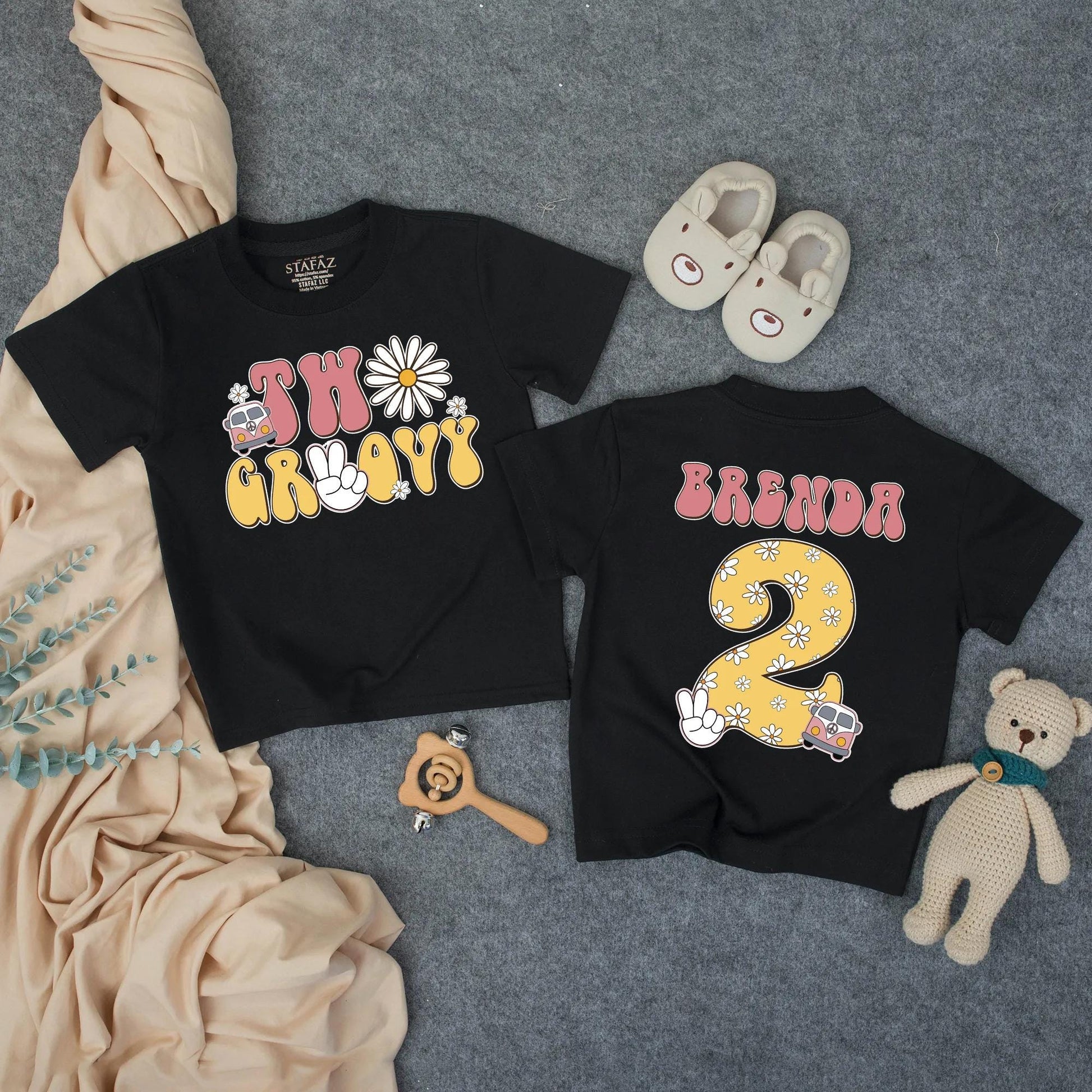 Two Groovy 2nd Birthday Girl T-Shirt, Personalized Daisy Retro Outfit, Custom Name, Vintage Vans Peace Signs, Summer Toddler Tee (138 chars)