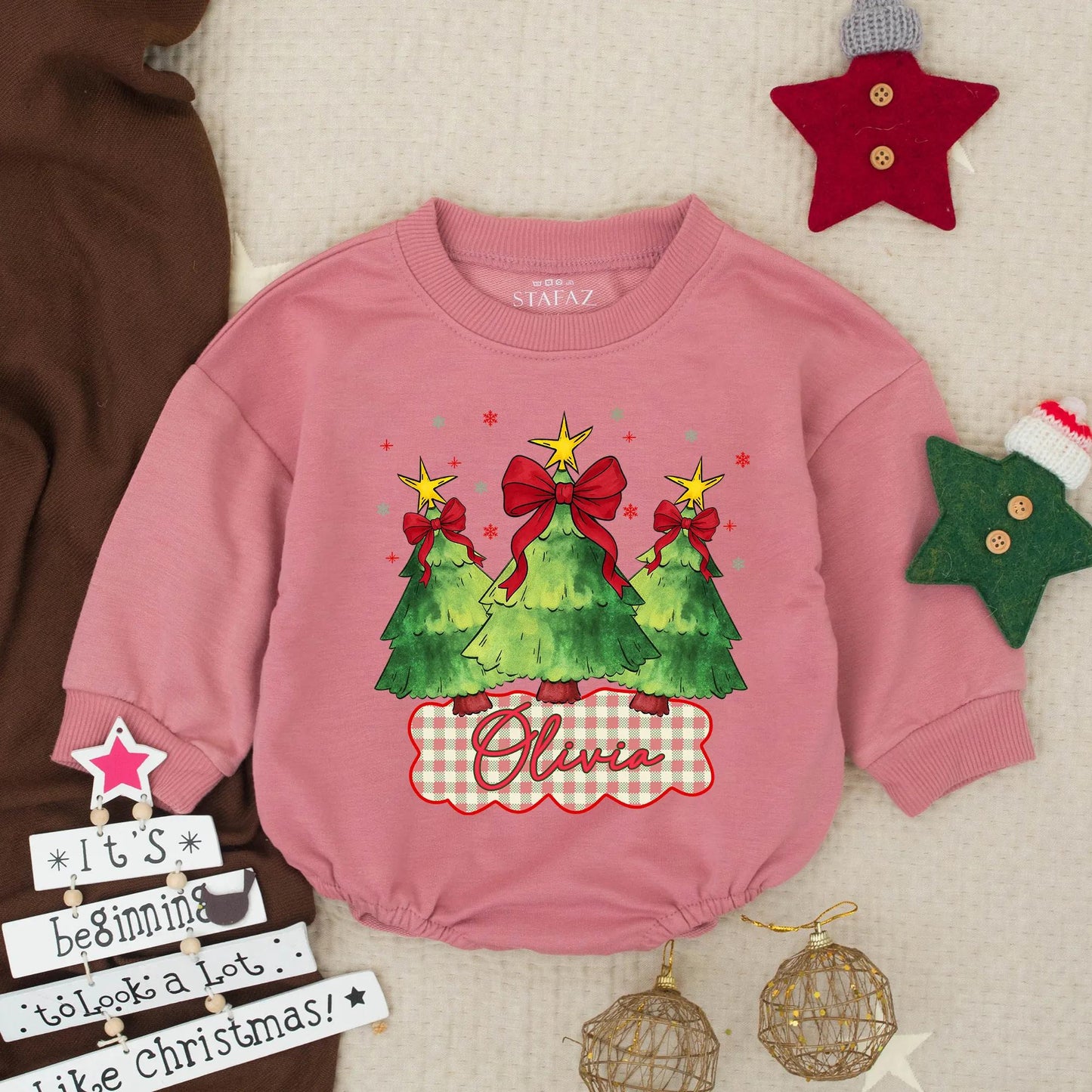 Olivia's First Christmas Romper Baby Girl Outfit, Holiday Tree Design, Custom Name Toddler Christmas Clothes, Festive Winter Baby Gift