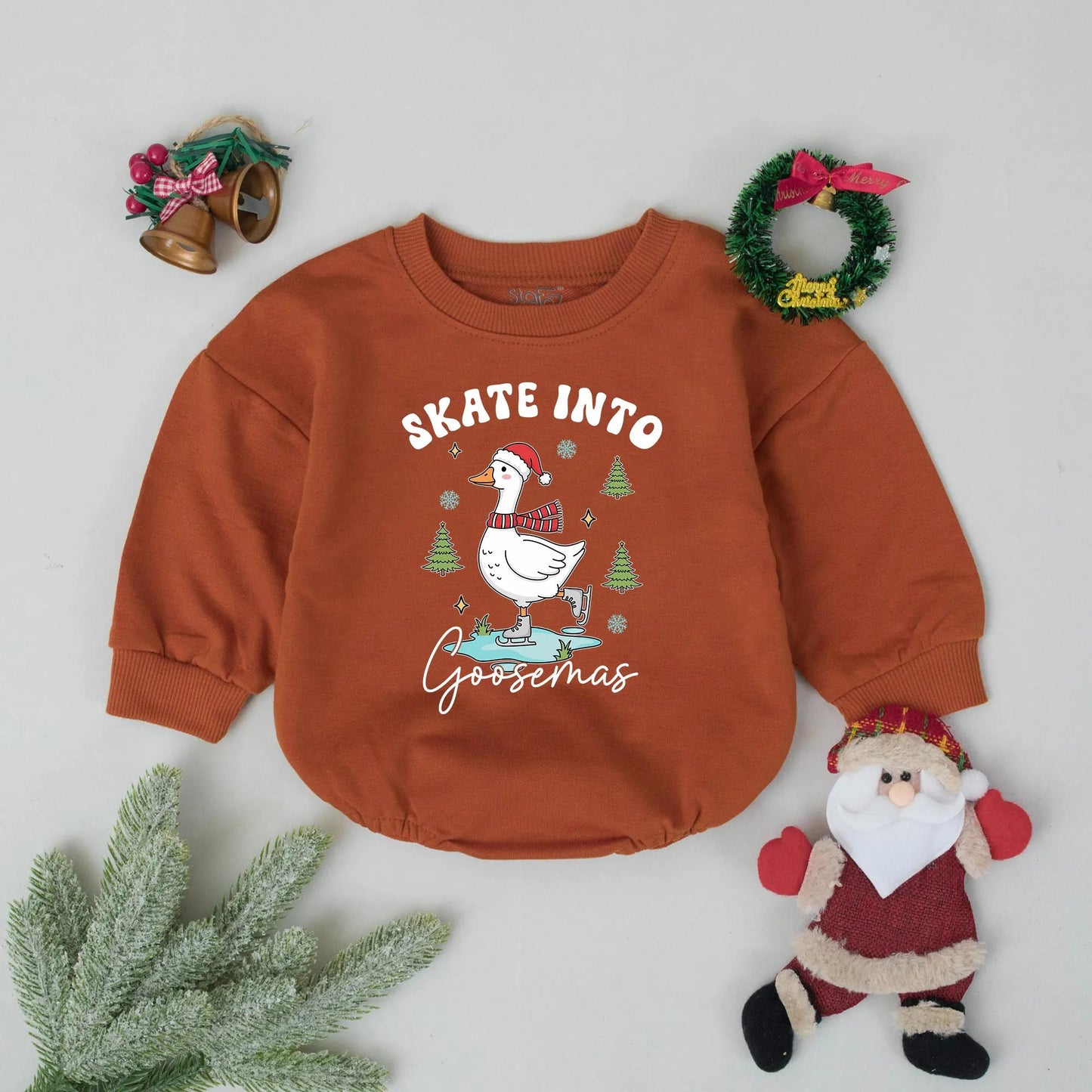 Whimsical Goose Ice Skating Bubble Romper Baby Toddler Christmas Outfit Green Blue Gold Festive Holiday Party Favor Cute Goosemas Gift