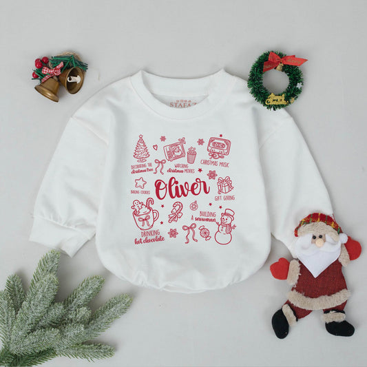 Custom Baby's First Christmas Bubble Romper, Retro Xmas Doodle Outfit, Personalized Newborn Coming Home Outfit, Festive Holiday Baby Shower Gift (138 chars)