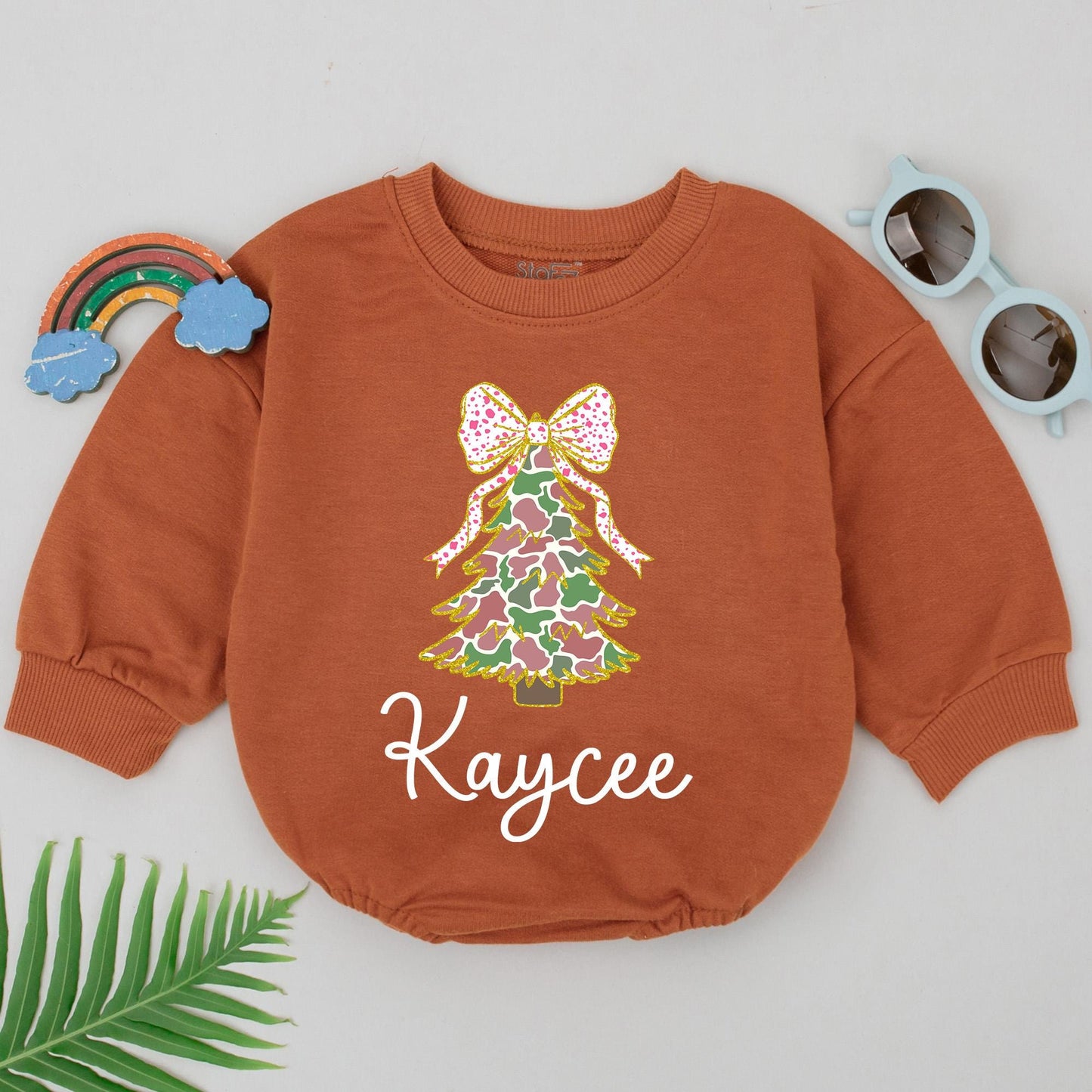 Personalized Baby Girl Camo Christmas Tree Romper Pink Polka Dot Bow First Christmas Newborn Outfit Festive Holiday Gift