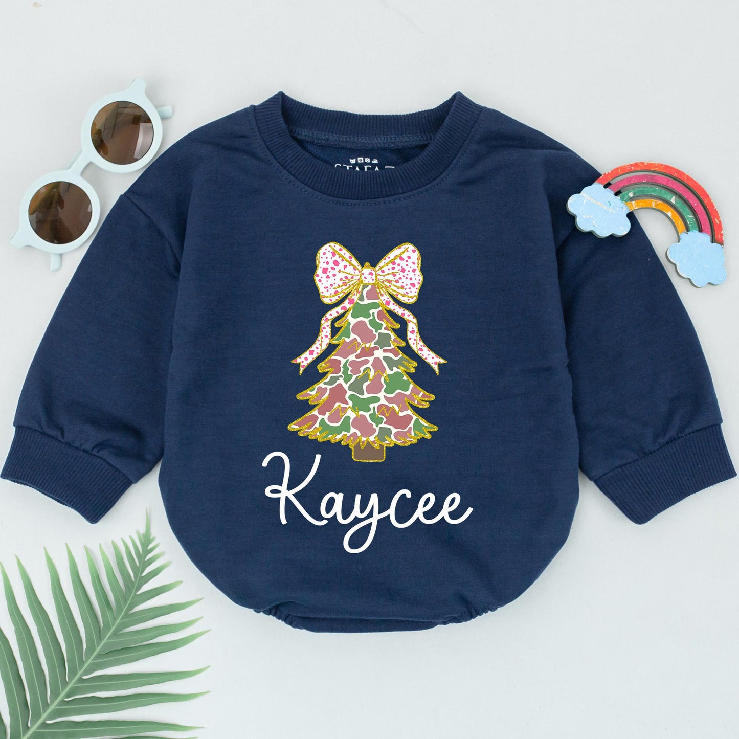 Personalized Baby Girl Camo Christmas Tree Romper Pink Polka Dot Bow First Christmas Newborn Outfit Festive Holiday Gift