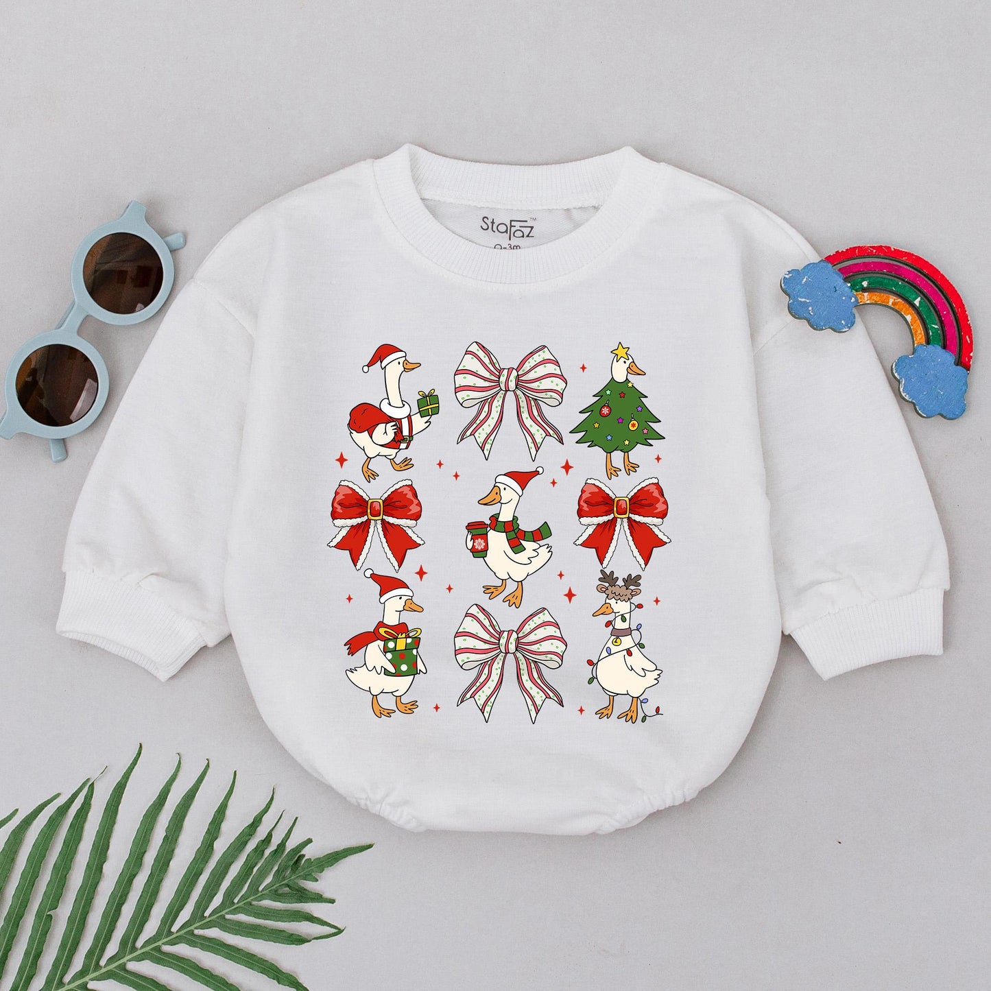 Festive Goose Christmas Romper: Cute Cartoon Geese Holiday Outfit, First Xmas Bodysuit, Baby Shower Gift, Funny Newborn Clothes, Infant Xmas Clothes (139 chars)