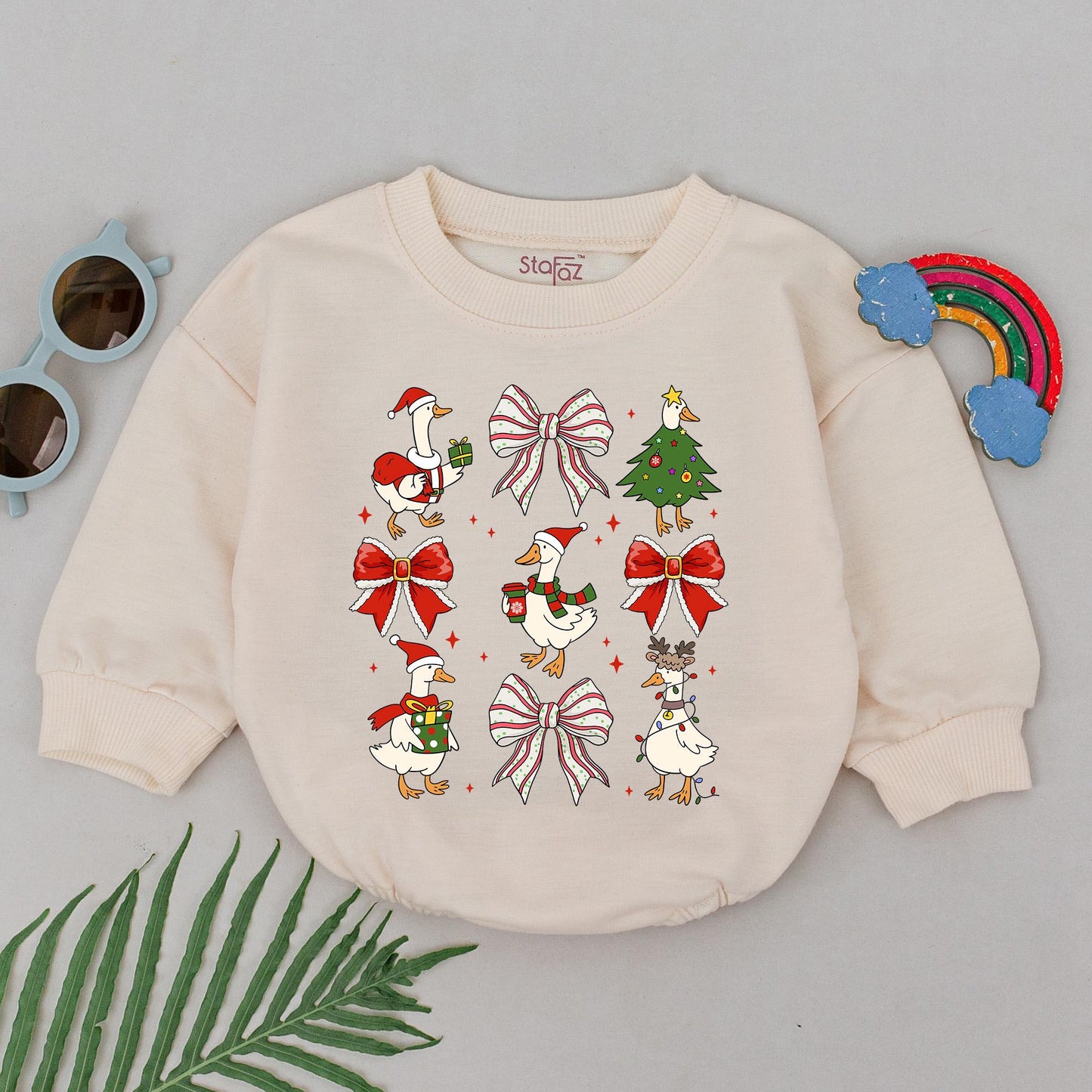 Festive Goose Christmas Romper: Cute Cartoon Geese Holiday Outfit, First Xmas Bodysuit, Baby Shower Gift, Funny Newborn Clothes, Infant Xmas Clothes (139 chars)