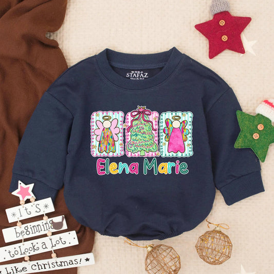 Personalized Baby Girl Christmas Romper with Whimsical Framed Angels and Tree Design Custom Name Christian Infant Outfit Pink Green Teal Festive Toddler