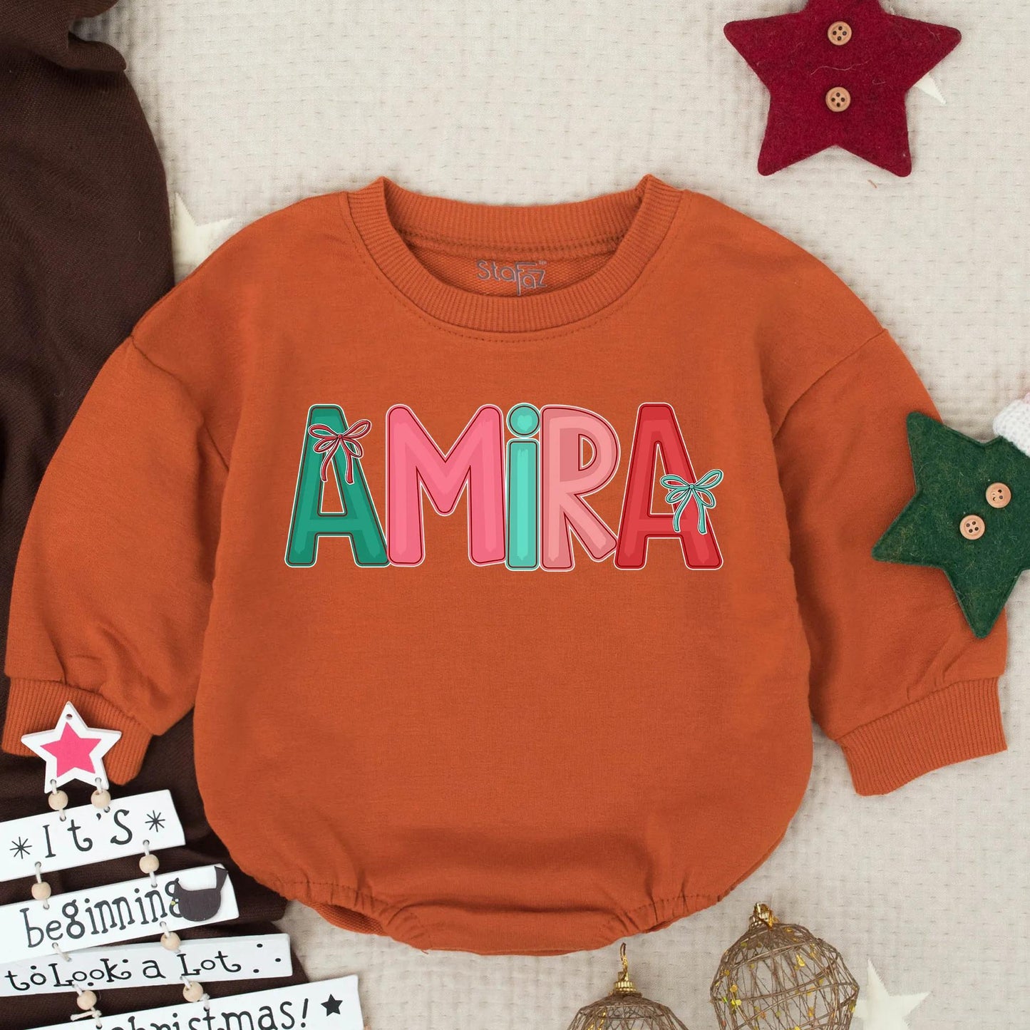 Personalized Amira Christmas Romper: Festive First Christmas Outfit for Baby Girl, Custom Name Winter Holiday Infant Clothes with Red Bows (139 chars)