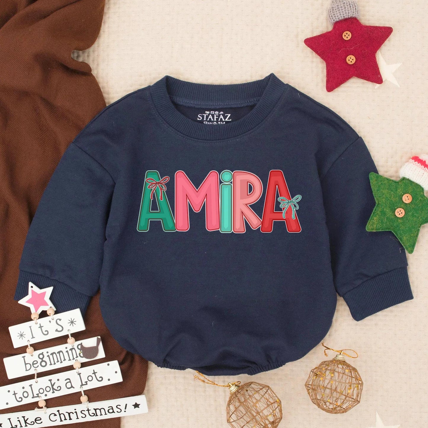 Personalized Amira Christmas Romper: Festive First Christmas Outfit for Baby Girl, Custom Name Winter Holiday Infant Clothes with Red Bows (139 chars)