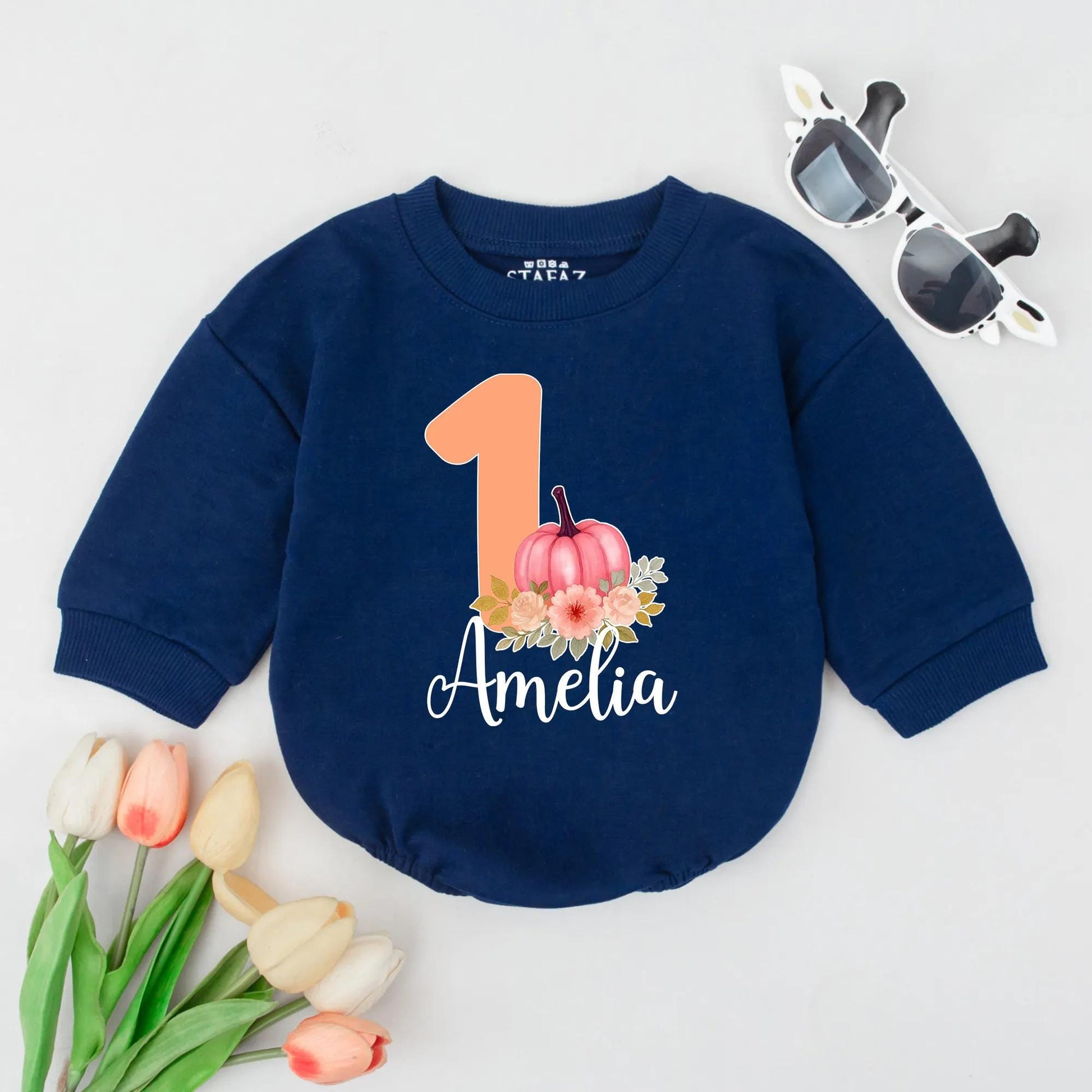 Amelia's Sweet 1st Birthday Pumpkin Romper with Pastel Flowers Baby Girl Outfit Burnt Orange Cute