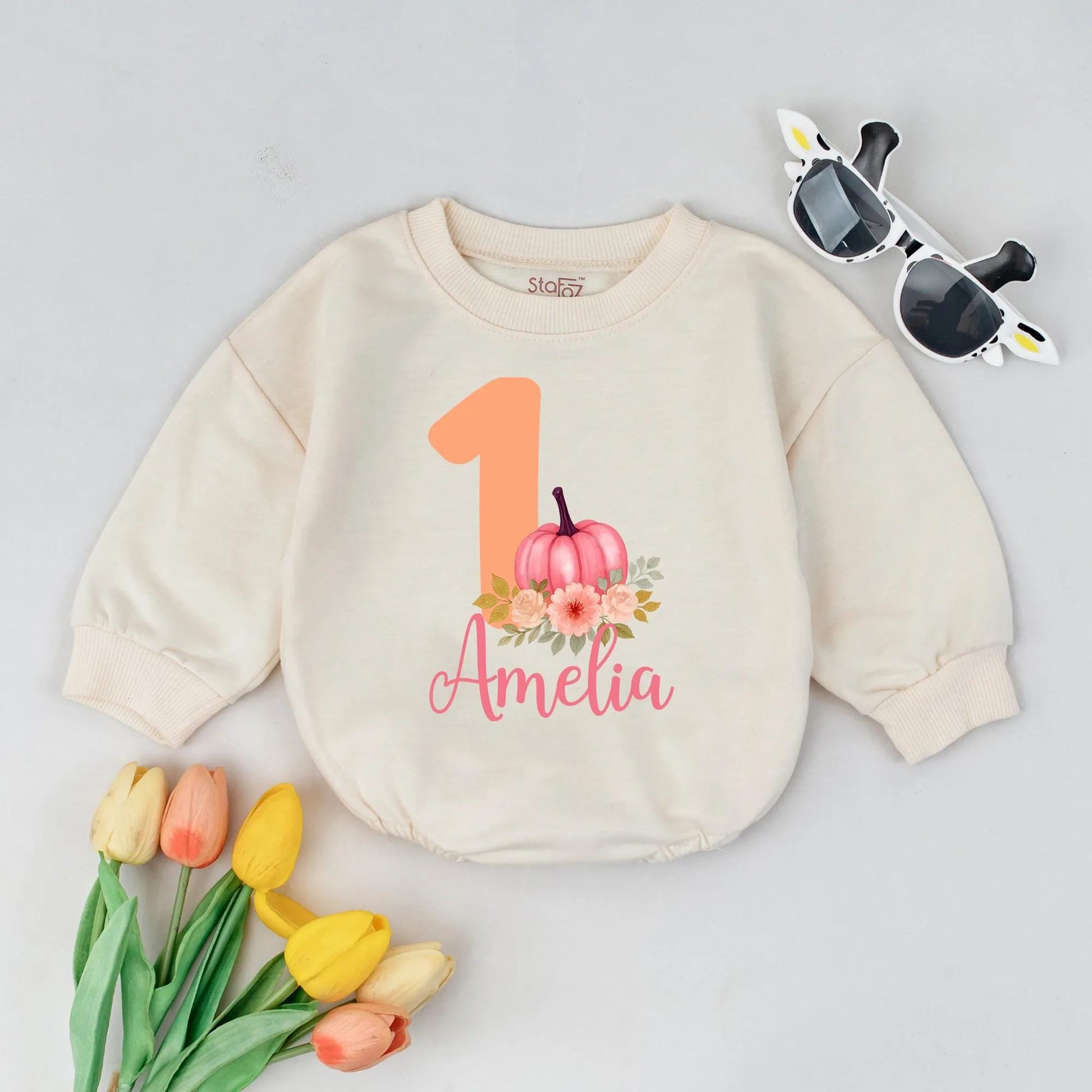 Amelia's Sweet 1st Birthday Pumpkin Romper with Pastel Flowers Baby Girl Outfit Burnt Orange Cute