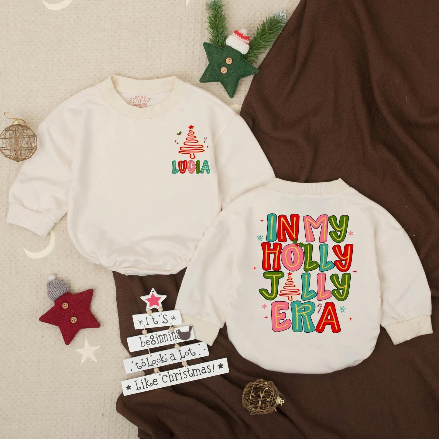 In My Holly Jolly Era Bubble Romper Personalized First Christmas Outfit for Girl Infant Santa Clothes Toddler Winter Gift with Cartoon Tree