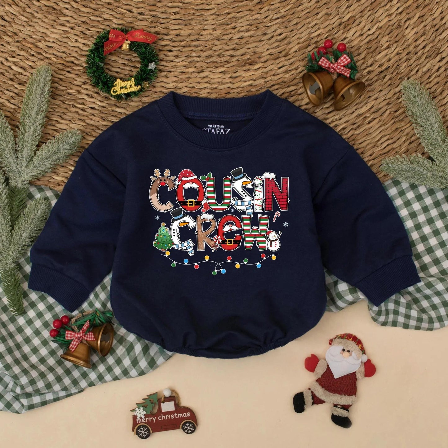 Christmas Cousin Crew Romper Sweatshirt, Matching Holiday Outfit for Baby, Toddler, Kids Xmas Party Clothes with Santa, Lights, Reindeer, Tree Design (139 chars)