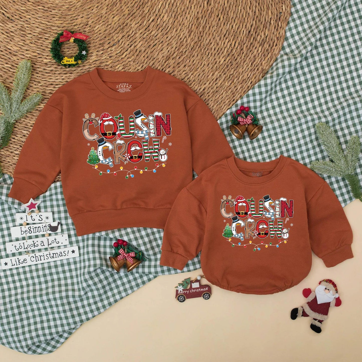Christmas Cousin Crew Romper Sweatshirt, Matching Holiday Outfit for Baby, Toddler, Kids Xmas Party Clothes with Santa, Lights, Reindeer, Tree Design (139 chars)