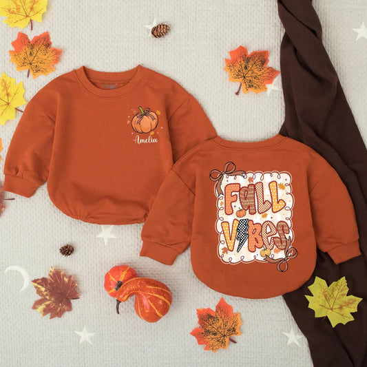 Personalized Fall Vibes Romper, Pumpkin & Leaves Thanksgiving Outfit, Custom Name Amelia Autumn Baby Clothes Preppy Checkered Toddler Gift 137 chars