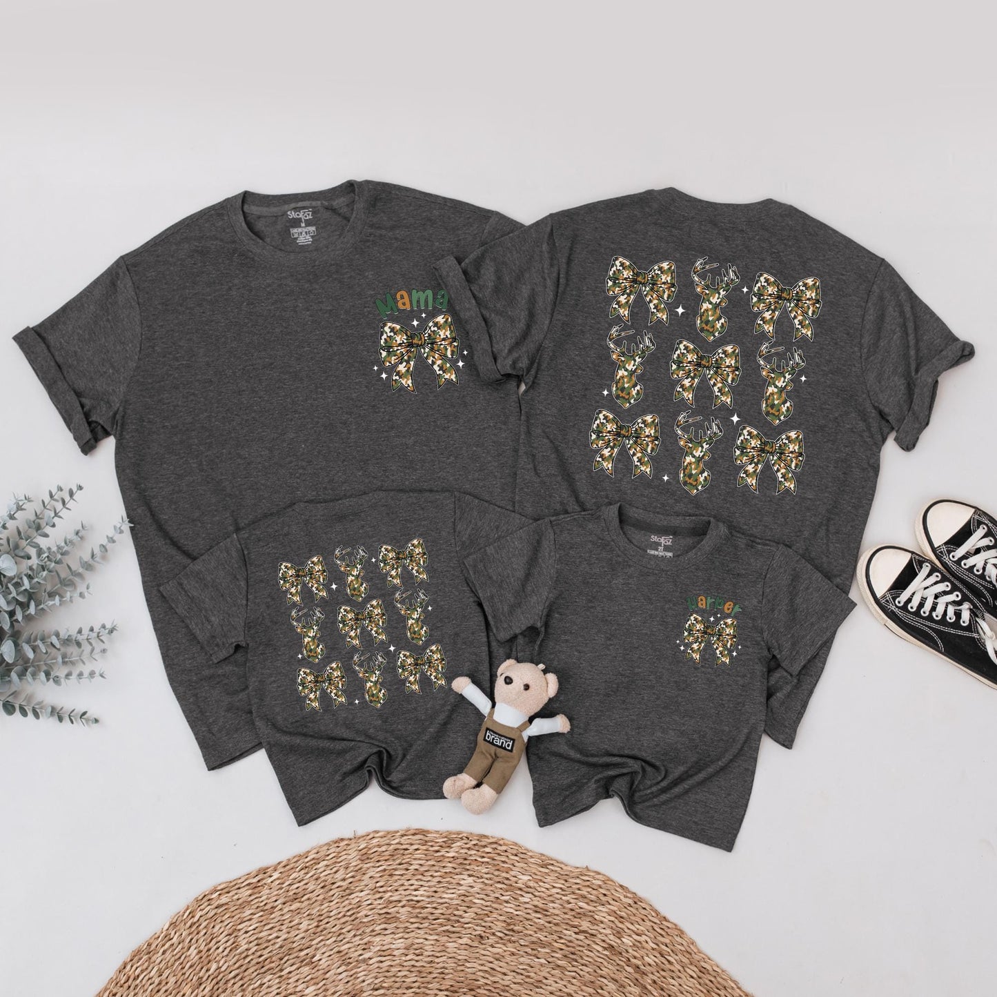The Big One First Birthday Hunting Family Matching Camo Shirts for Mom Dad Baby Playful Deer Bow Silhouette Harper Design Rustic Celebration