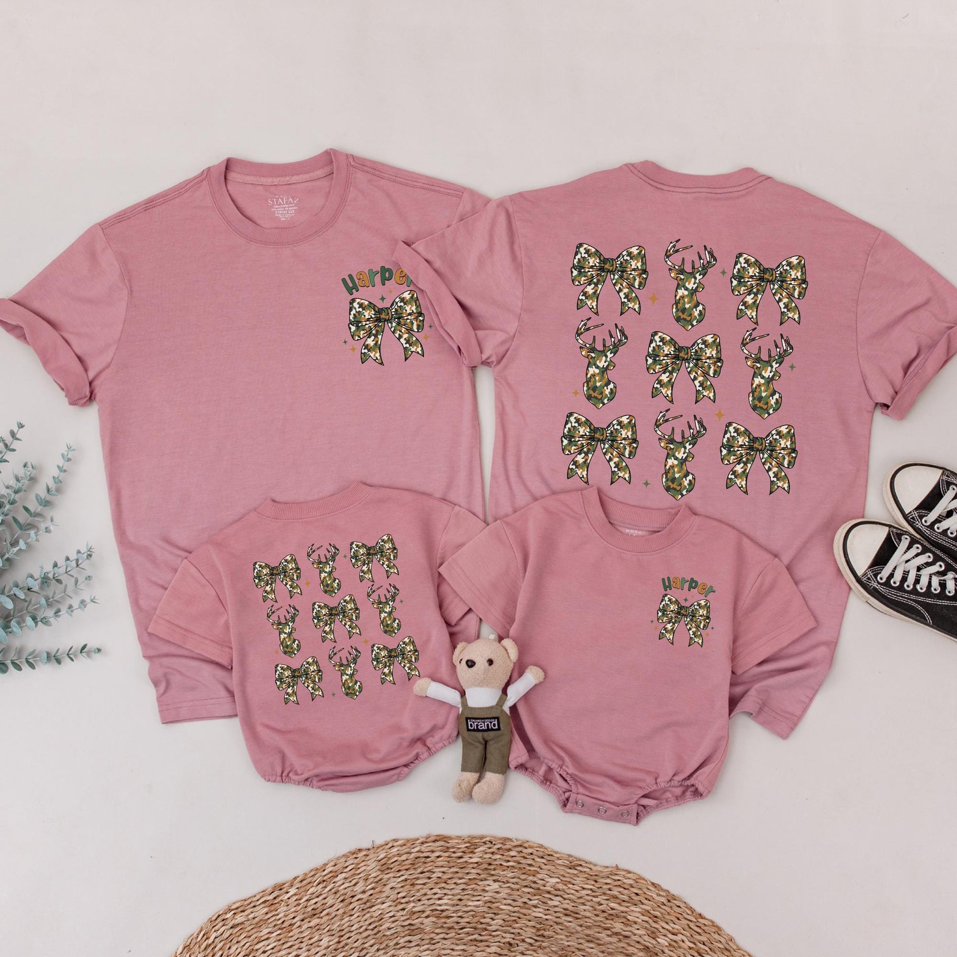 The Big One First Birthday Hunting Family Matching Camo Shirts for Mom Dad Baby Playful Deer Bow Silhouette Harper Design Rustic Celebration