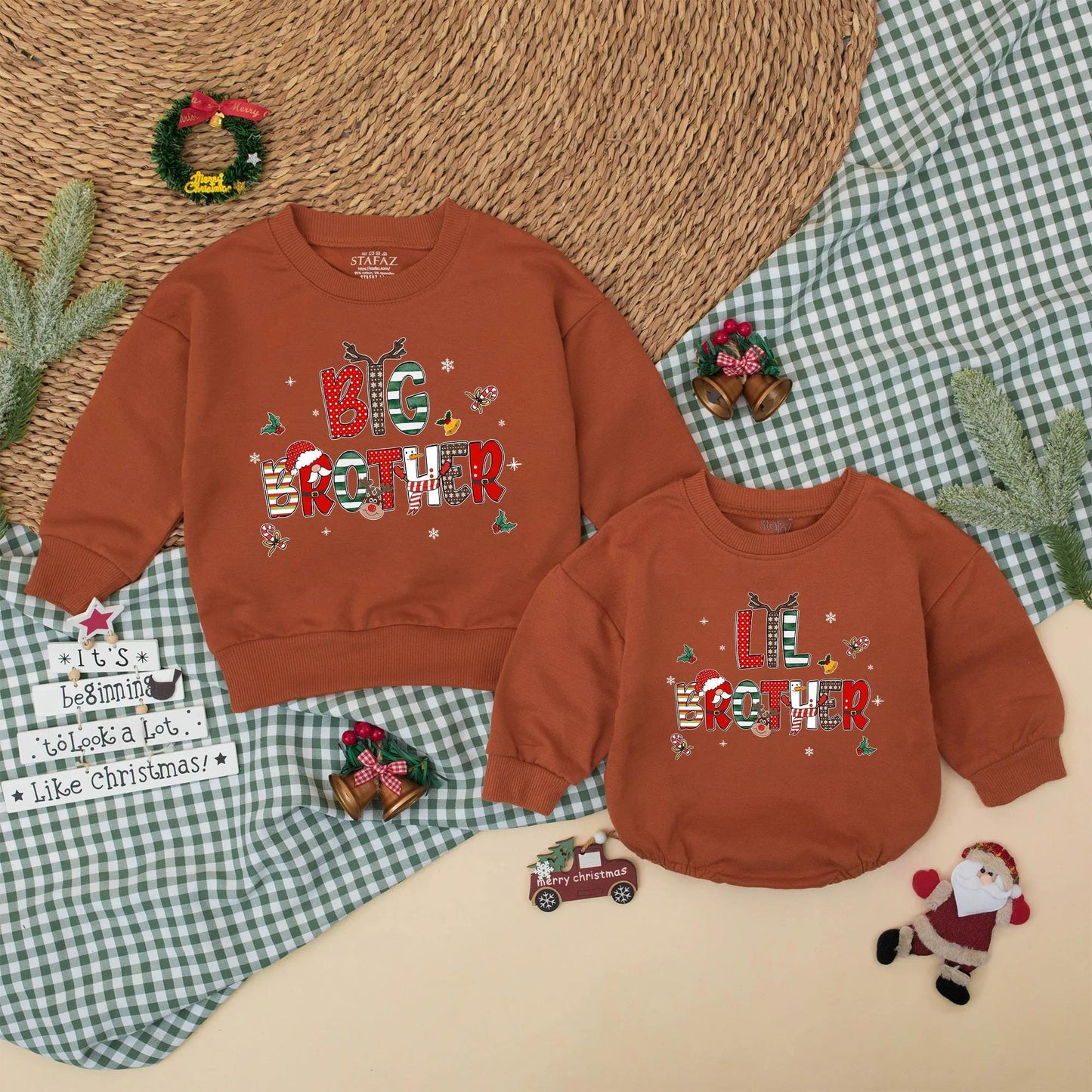 Big Brother Lil Sister Christmas Matching Outfit, Holiday Sibling Sweatshirt Romper Set for Baby Toddler, Festive Reindeer Snowflakes Clothes Gift (138 chars)