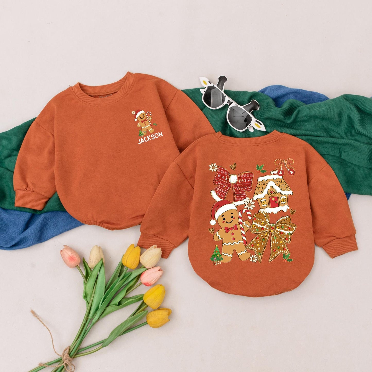 Personalized Jackson Gingerbread Christmas Romper Baby Girl Outfit Custom Name First Xmas Bodysuit Holiday Gift