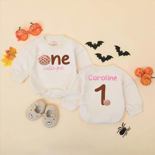 Personalized One Cutie Pie First Birthday Romper Bodysuit Fall Cake Smash Outfit Baby Girl Thanksgiving Brown Pink Pie Design