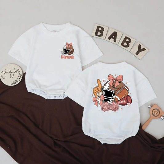 Custom Name Football Girl Bubble Romper First Birthday Game Day Outfit with Pink Bow Helmet Pom-Poms and Cheer Baby Sports Gift