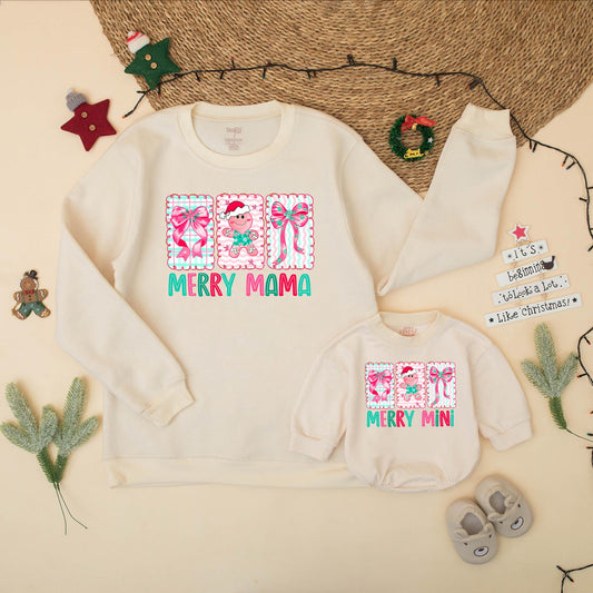Preppy Merry Mama Mini Matching Family Christmas Sweatshirt Romper Set with Gingerbread Pink Bows Playful Pastel Girly Design Gift