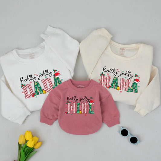 Holly Jolly Mama Dada Mini Matching Family Christmas Sweaters Festive Candy Cane & Tree Design Cozy Xmas Outfits