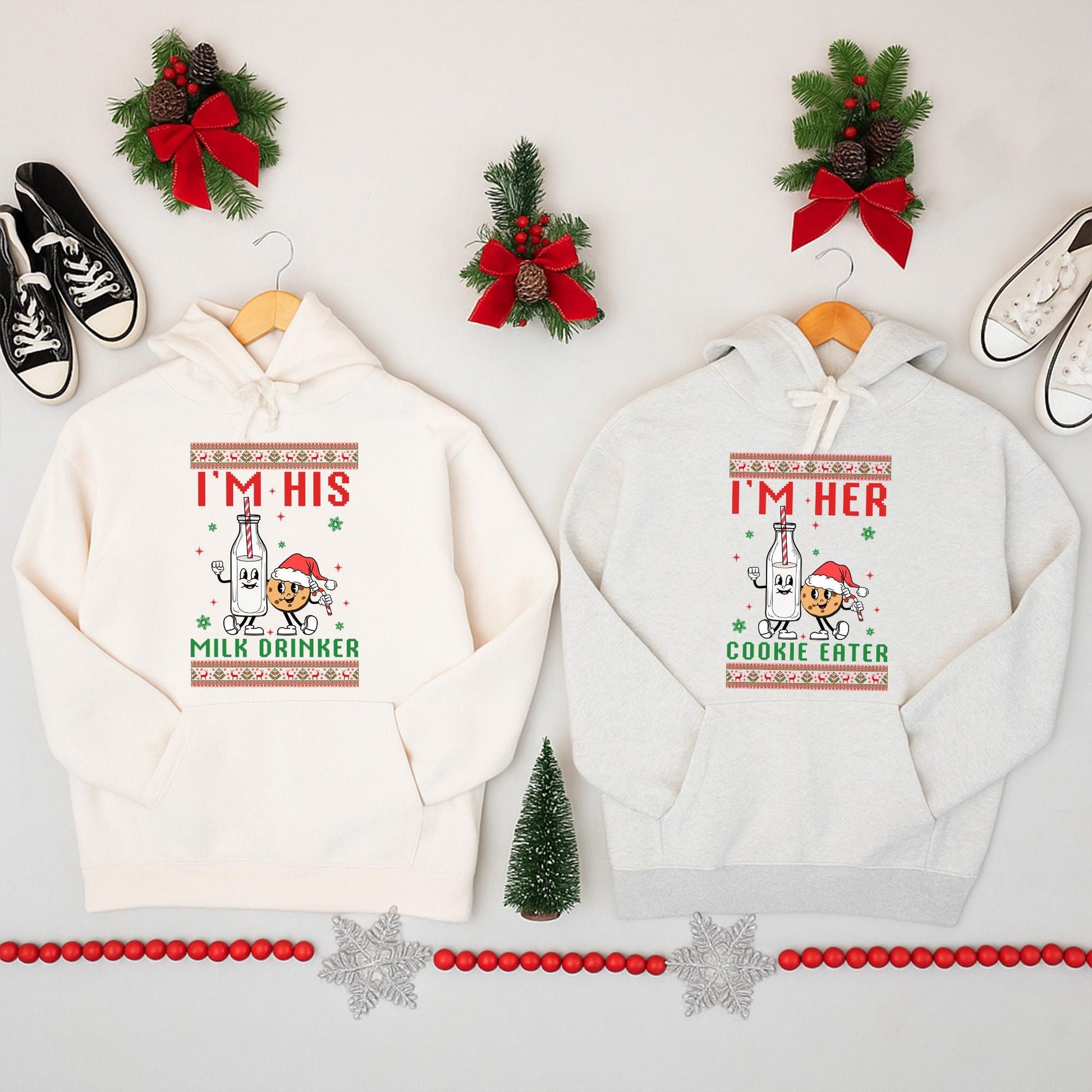 I'm Her Cookie Eater I'm His Milk Drinker Xmas Sweater Funny Matching Couple Holiday Shirts Festive Coordinating Festive Holiday Outfits for Couples Christmas Party Season