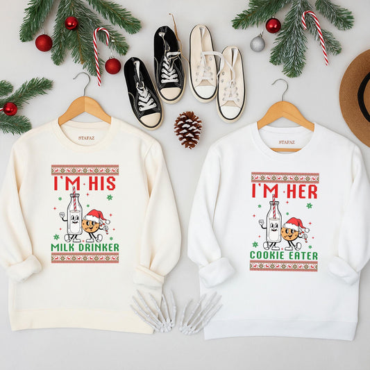 I'm Her Cookie Eater I'm His Milk Drinker Xmas Sweater Funny Matching Couple Holiday Shirts Festive Coordinating Festive Holiday Outfits for Couples Christmas Party Season