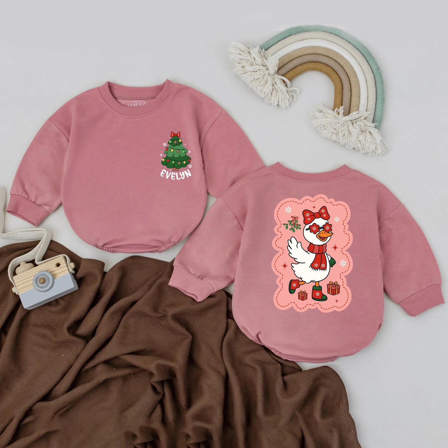 Personalized Evelyn Christmas Tree Romper Funny Goose Toddler Sweatshirt Baby Shower Gift Cute Cartoon Holiday Outfit Boy Girl Clothes