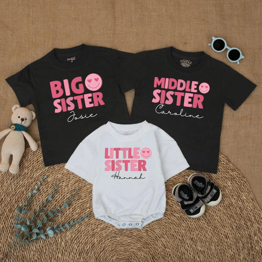 Matching Big Sister, Middle Sister, Little Sister Shirts & Romper Set, Custom Names, Pink Heart Eyes Design, Baby Girl Announcement
