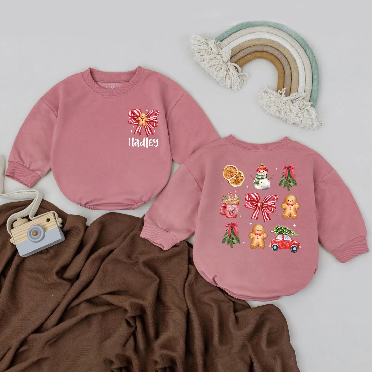 Personalized Gingerbread Bow Christmas Romper, Baby's First Christmas Sweatshirt, Retro Holiday Bodysuit, Christmas Car Coming Home Outfit (Hadley)