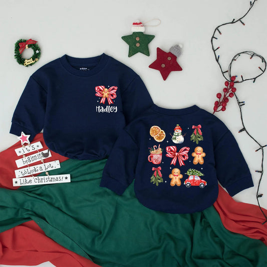 Personalized Gingerbread Bow Christmas Romper, Baby's First Christmas Sweatshirt, Retro Holiday Bodysuit, Christmas Car Coming Home Outfit (Hadley)