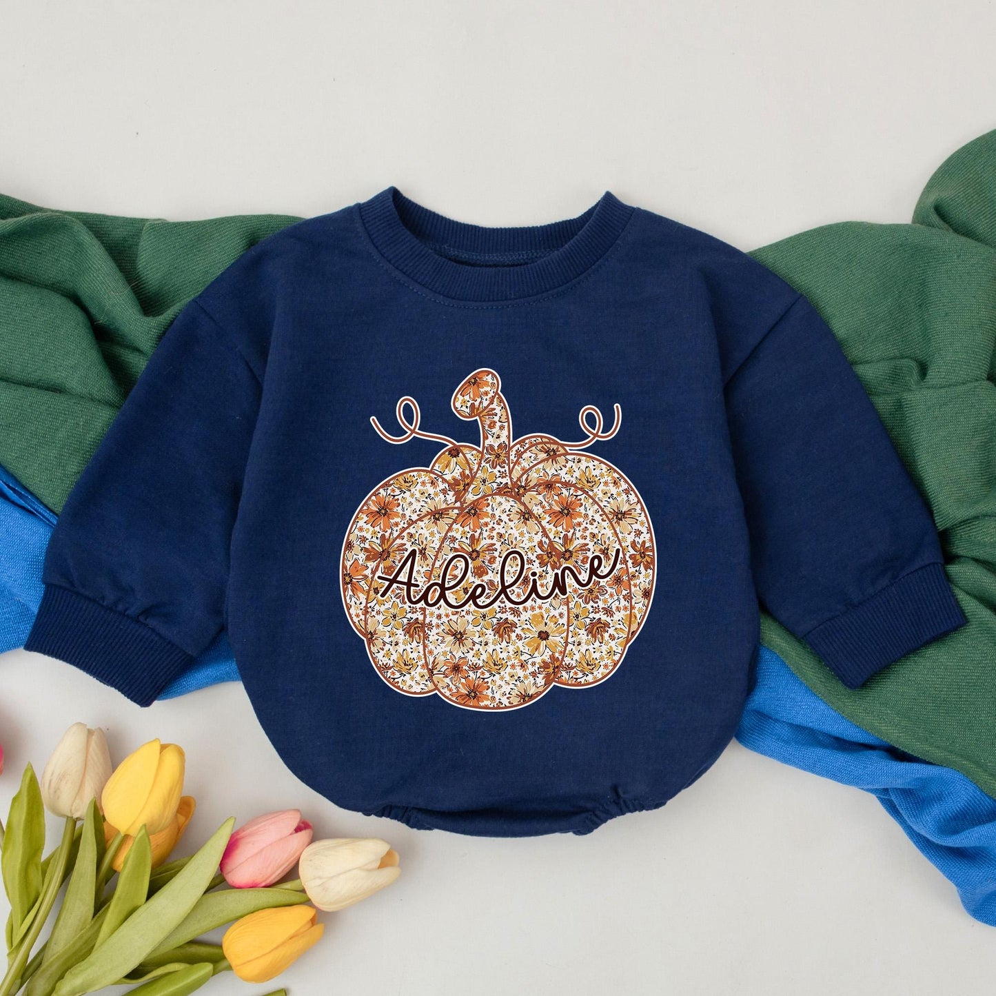 Personalized Adeline Floral Pumpkin Baby Girl Romper Fall Thanksgiving Outfit Whimsical Toddler Bodysuit Chinoiserie Theme Baby Shower Gift