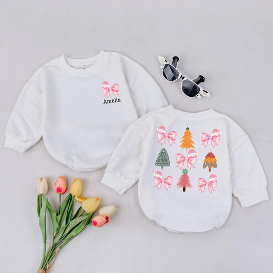 Cute Amelia Pink Bow Santa Hat Christmas Romper for Baby Girl First Holiday Outfit Toddler Custom Name Gift Fun Orange Green Trees