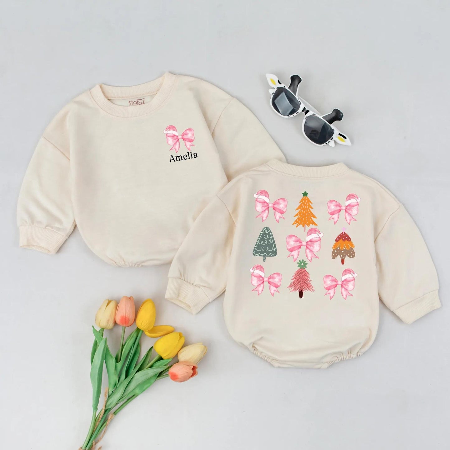 Cute Amelia Pink Bow Santa Hat Christmas Romper for Baby Girl First Holiday Outfit Toddler Custom Name Gift Fun Orange Green Trees